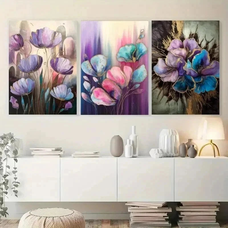 3pcs Abstract Flowers Colorful Floral Wall Art Set Canvas Framed 50x70cm - High Quality Print 100% Australian Made Wall Canvas Ready to Hang