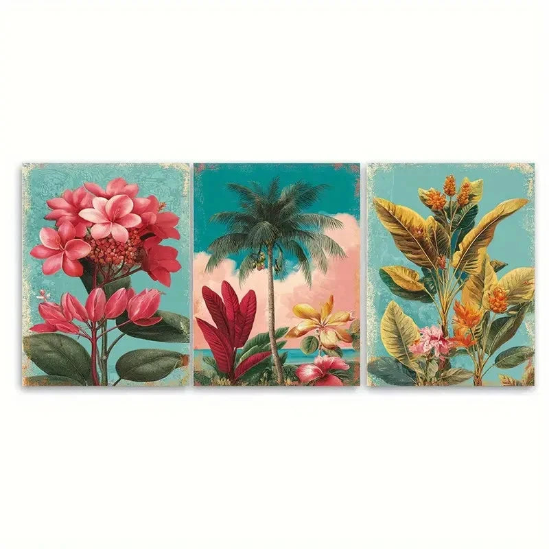 3pcs Bridgetown Travel Botanical Illustration Wall Art Set Canvas Framed 60x90cm - High Quality Print 100% Australian Made Wall Canvas Ready to Hang