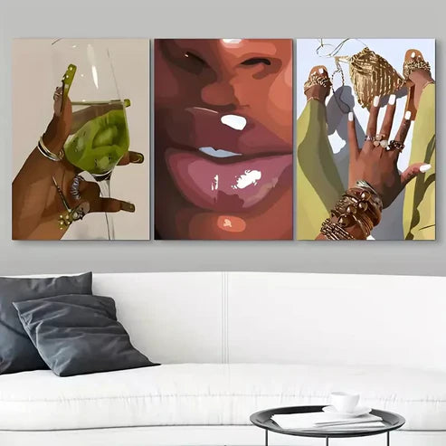 3pcs Fashion Black Woman Abstract Wall Art Set Canvas Unframed - High Quality Print 100% Australian Made Wall Canvas
