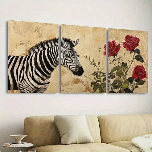 3pcs Zebra and Roses Wall Art Set Canvas Unframed - High Quality Print 100% Australian Made Wall Canvas