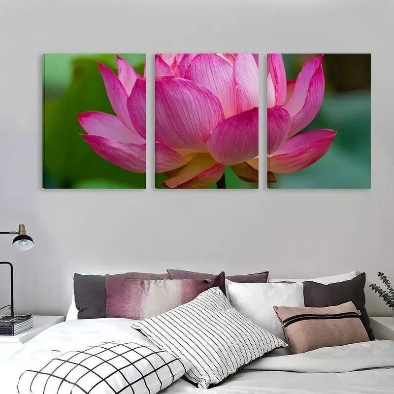 3pcs Pink for Lotus flower Blooms in the Center Wall Art Set Canvas Framed 60x90cm - High Quality Print 100% Australian Made Wall Canvas Ready to Hang