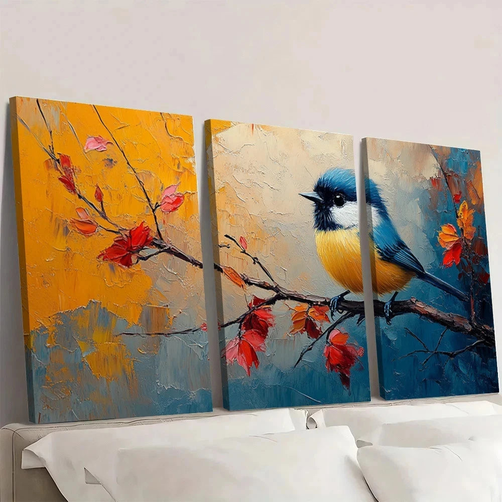 3pcs Vibrant Abstract Chickadee Bird Wall Art Set Canvas Framed 50x70cm - High Quality Print 100% Australian Made Wall Canvas Ready to Hang
