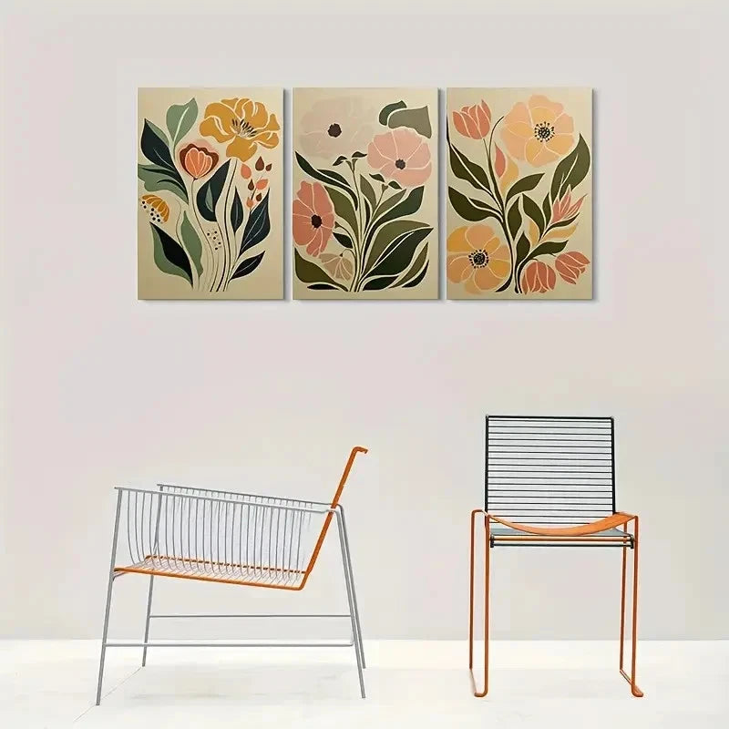 3pcs Neutral Colors Green Leaves & Pink Flowers Wall Art Set Canvas Framed 60x90cm - High Quality Print 100% Australian Made Wall Canvas Ready to Hang