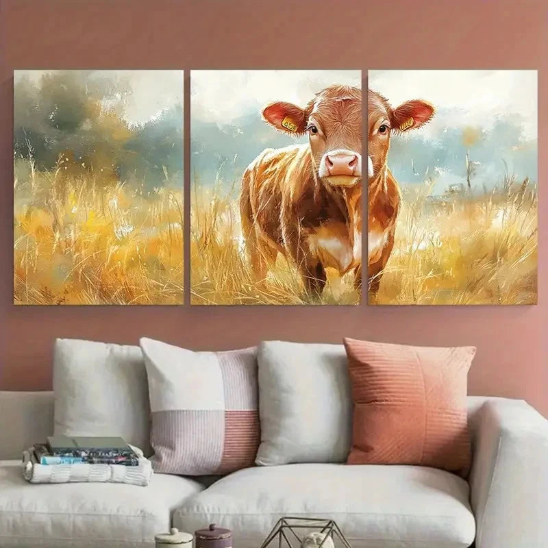 3pcs Rustic Cheerful Cow Illustration Wall Art Set Canvas Framed 40x60cm - High Quality Print 100% Australian Made Wall Canvas Ready to Hang