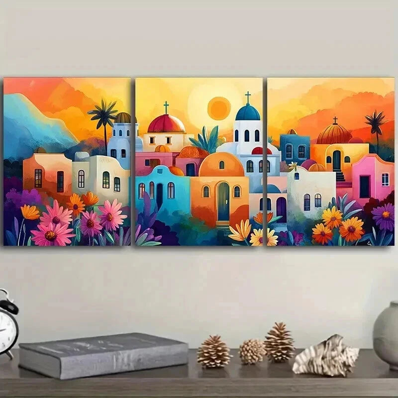 3pcs Greek island style town Wall Art Set Canvas Framed 50x70cm - High Quality Print 100% Australian Made Wall Canvas Ready to Hang