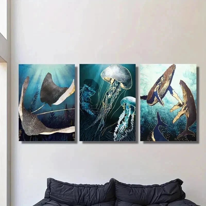 3pcs Whale Octopus Jellyfish Marine Life Wall Art Set Canvas Framed 40x60cm - High Quality Print 100% Australian Made Wall Canvas Ready to Hang