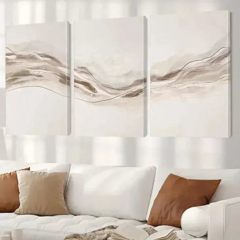 3pcs Beige Wavy Lines Artwork Art Set Canvas Unframed - High Quality Print 100% Australian Made Wall Canvas