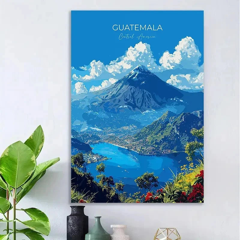 Guatemala Landscape Acatenango Volcano & Lake Travel Poster Print Wall Art