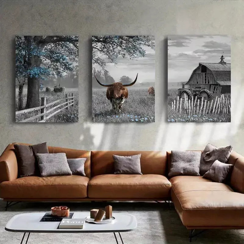 3pcs Highland Cow Wall Art Farmhouse Canvas Framed 40x60cm - High Quality Print 100% Australian Made Wall Canvas Ready to Hang