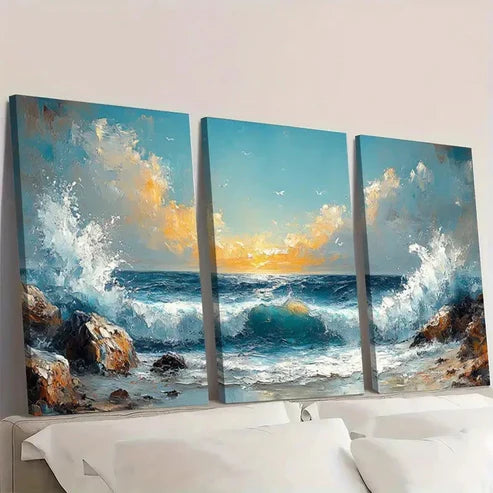 3pcs Rocky Shoreline Painting Aqua Gray ER Wall Art Set Canvas Unframed - High Quality Print 100% Australian Made Wall Canvas