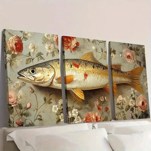 3pcs Vintage Fish Antique Inspired Botanical Wall Art Set Canvas Unframed - High Quality Print 100% Australian Made Wall Canvas