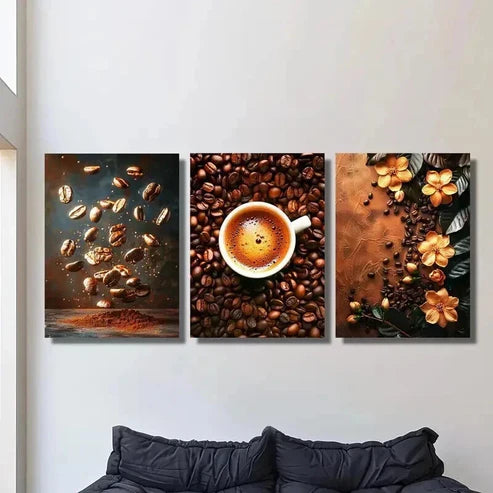 3pcs Coffee Beans & Cup of Coffee Decoration Wall Art Set Canvas Unframed - High Quality Print 100% Australian Made Wall Canvas