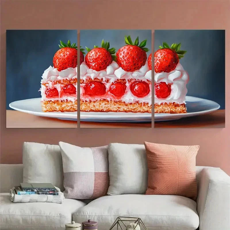 3pcs Strawberry Cake Food Illustration Wall Art Set Canvas Framed 40x60cm - High Quality Print 100% Australian Made Wall Canvas Ready to Hang
