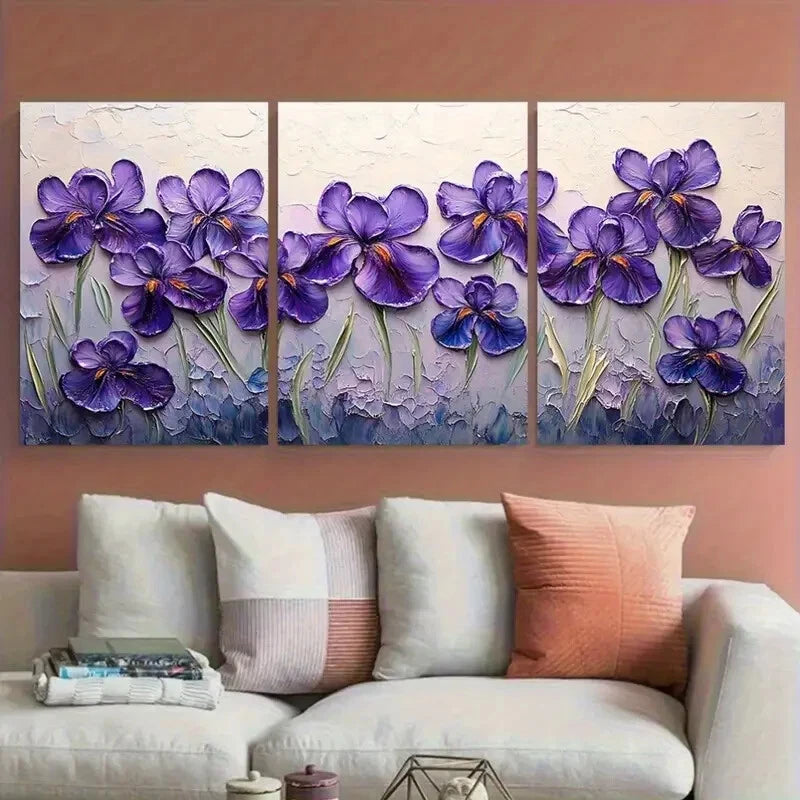 3pcs Purple Iris Flowers Abstract Textured Floral Metal Print Ready to Hang Art
