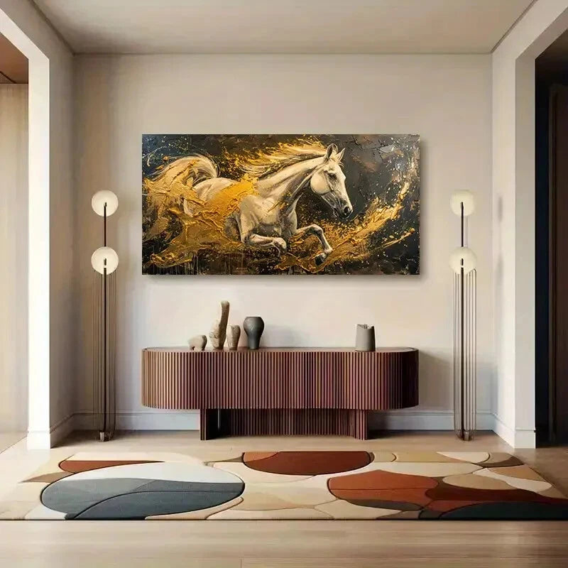 Abstract Yellow Horse wall canvas office home room framed 120x60cm - Bella Home Decor