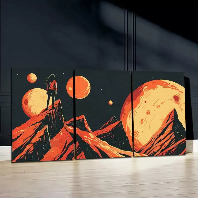 3pcs Woman Over Jagged Mountains Under Planets Wall Art Set Canvas Framed 50x70cm - High Quality Print 100% Australian Made Wall Canvas Ready to Hang - Bella Home Decor