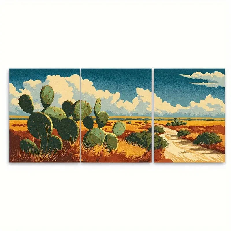 3pcs Texas Travel Cacti illustration Wall Art Set Canvas Framed 40x60cm - High Quality Print 100% Australian Made Wall Canvas Ready to Hang