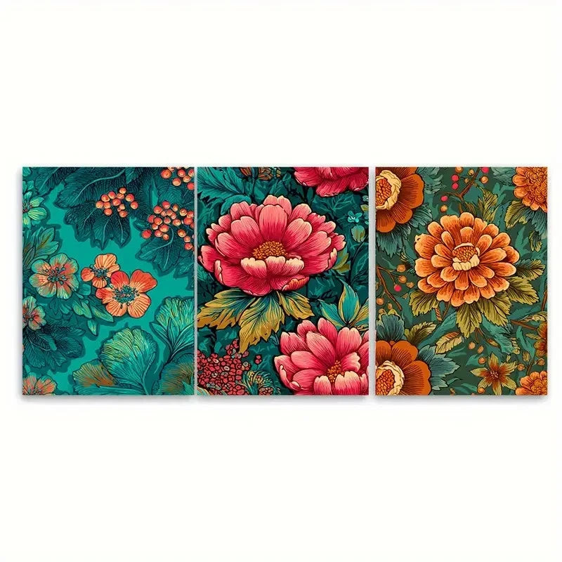 3pcs Vintage Bangkok Floral Thailand Design Wall Art Set Canvas Framed 40x60cm - High Quality Print 100% Australian Made Wall Canvas Ready to Hang
