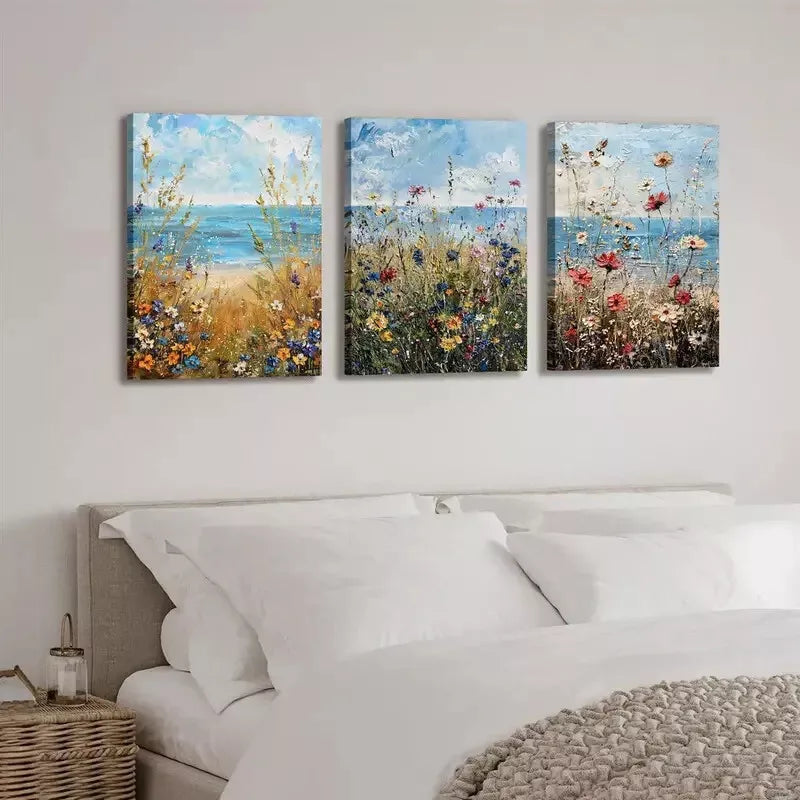 3pcs Wildflower & Ocean Beach Wall Art Set Canvas Framed 50x70cm - High Quality Print 100% Australian Made Wall Canvas Ready to Hang - Bella Home Decor