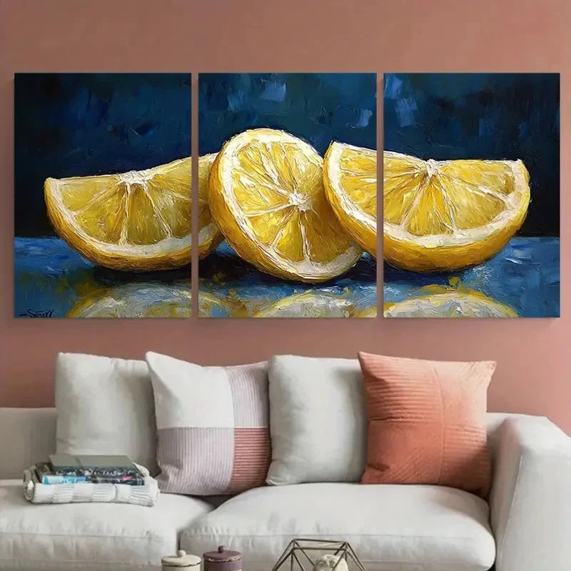 3pcs Vibrant Lemon Slices Citrus Illustration Wall Art Set Canvas Framed 40x60cm - High Quality Print 100% Australian Made Wall Canvas Ready to Hang