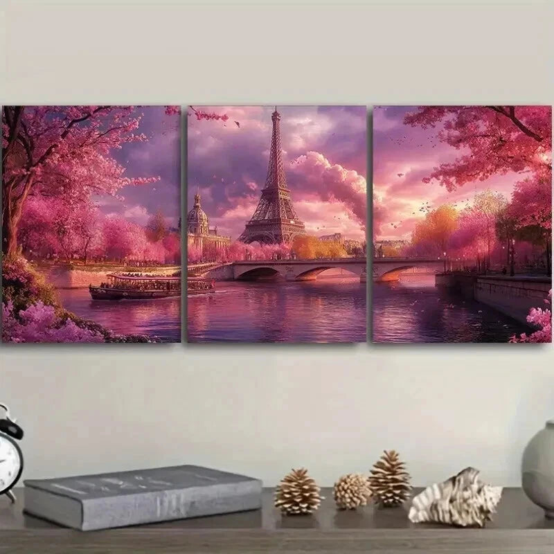 3pcs Cherry Blossoms at Eiffel Tower Wall Art Set Canvas Framed 50x70cm - High Quality Print 100% Australian Made Wall Canvas Ready to Hang
