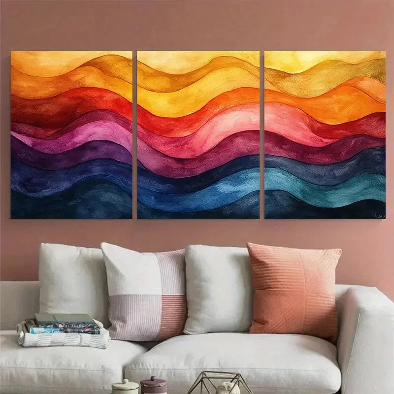 3pcs Bright Watercolour Wavy Lines Abstract Wall Art Set Canvas Framed 40x60cm - High Quality Print 100% Australian Made Wall Canvas Ready to Hang