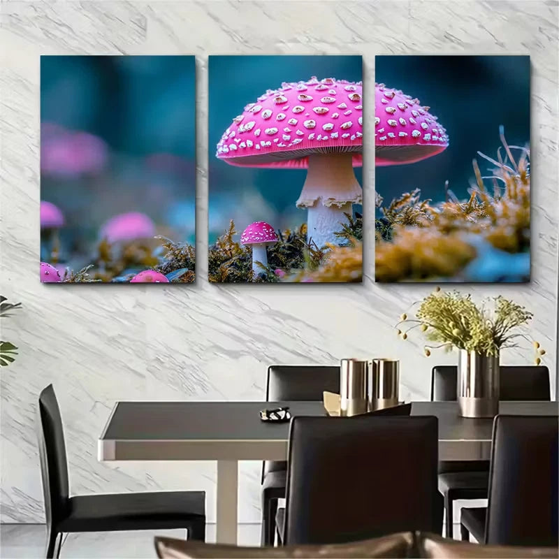 3pcs Pink Mushroom Dreamy Woodland Flowers Metal Print Ready to Hang Art