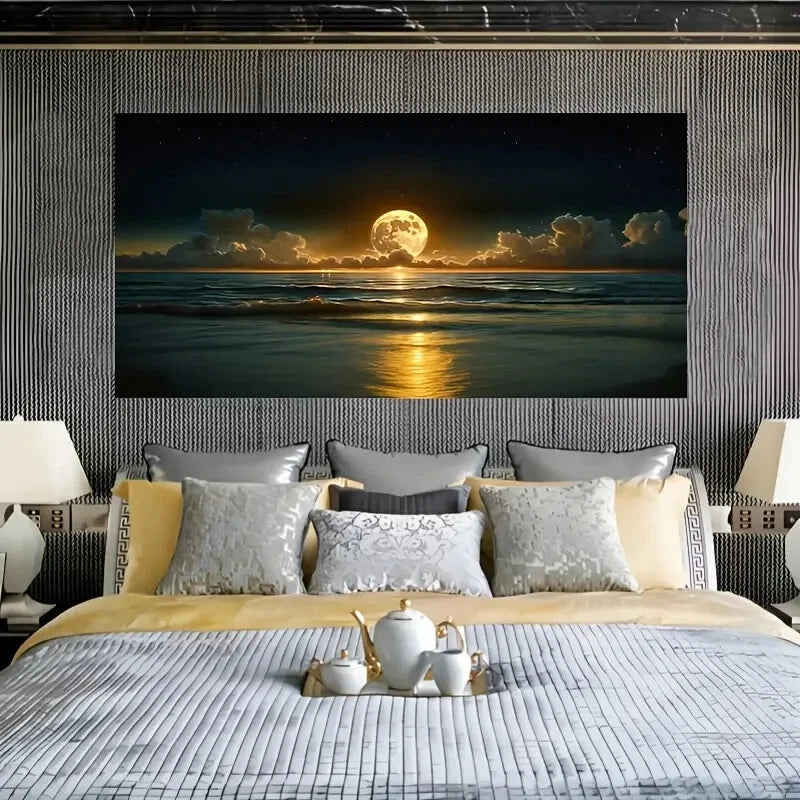 Vintage Moonlight Seascape wall canvas office home room framed 120x60cm - Bella Home Decor