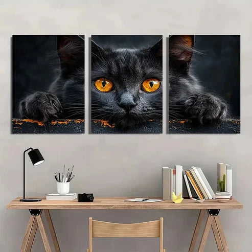 3pcs Black Cat Vibrant Orange Eyes Wall Art Canvas Unframed - High Quality Print 100% Australian Made Wall Canvas