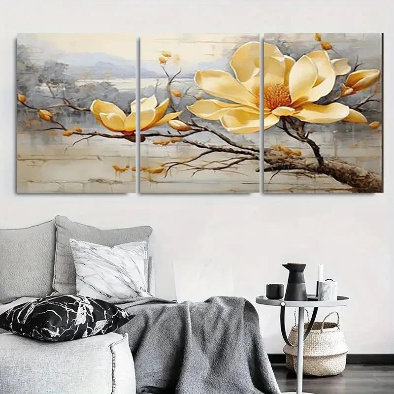 3pcs Elegant Yellow Magnolia Branch Wall Art Set Canvas Framed 60x90cm - High Quality Print 100% Australian Made Wall Canvas Ready to Hang