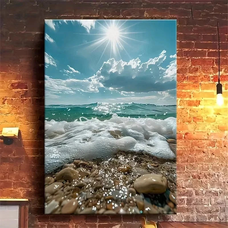 Coastal Sunlit Waves Oil Painting Metal Print Ready to Hang