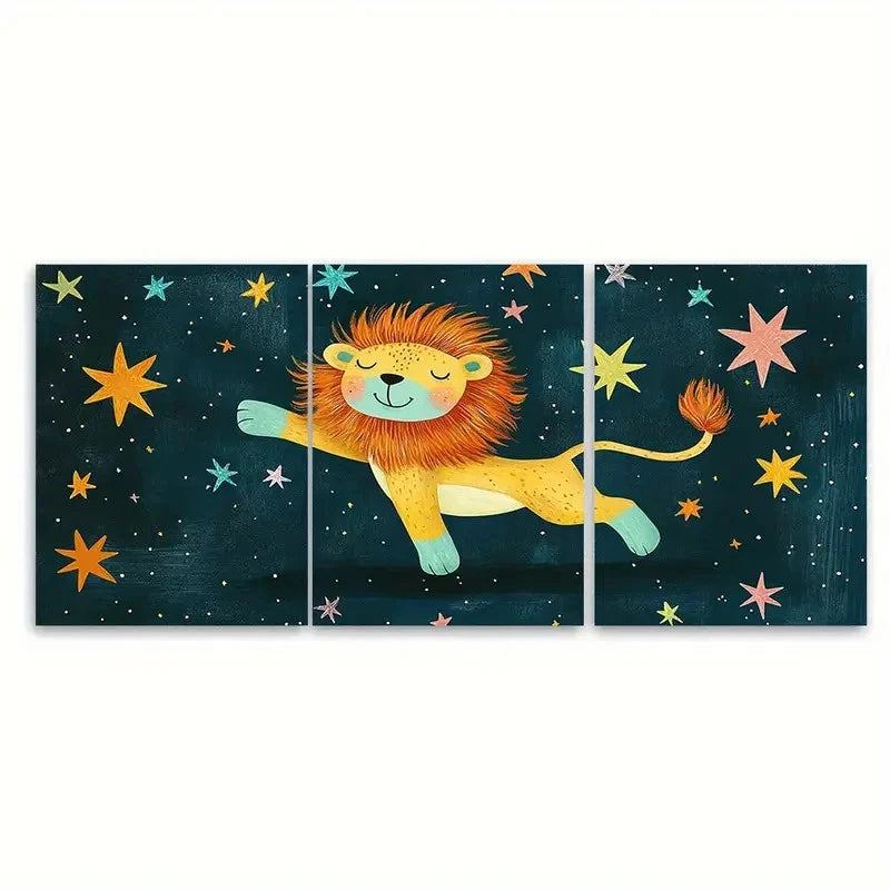 3pcs Little Lion Dancing Nursery Design Wall Art Set Canvas Framed 40x60cm - High Quality Print 100% Australian Made Wall Canvas Ready to Hang