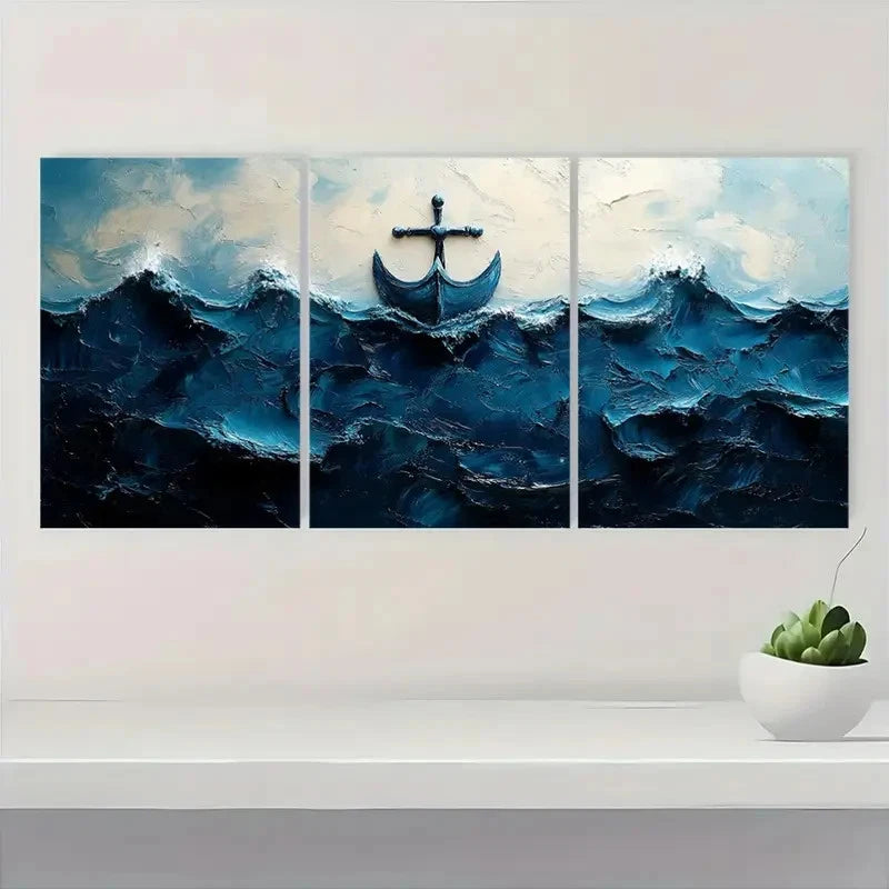 3pcs Soothing Blue Ocean Minimalist ER Wall Art Set Canvas Framed 50x70cm - High Quality Print 100% Australian Made Wall Canvas Ready to Hang