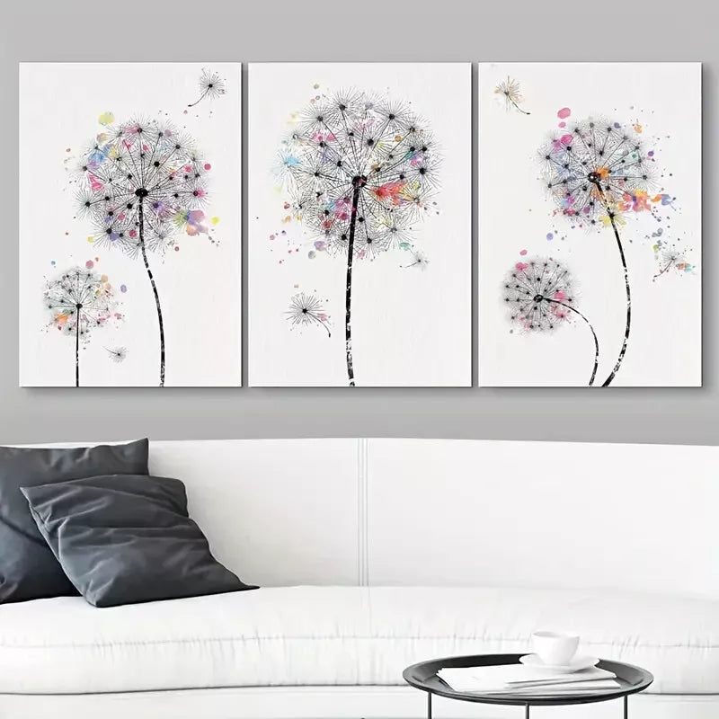 3pcs Dandelions & Watercolor Dots Floral Wilderness Drawings Canvas Framed 40x60cm - High Quality Print 100% Australian Made Wall Canvas Ready to Hang