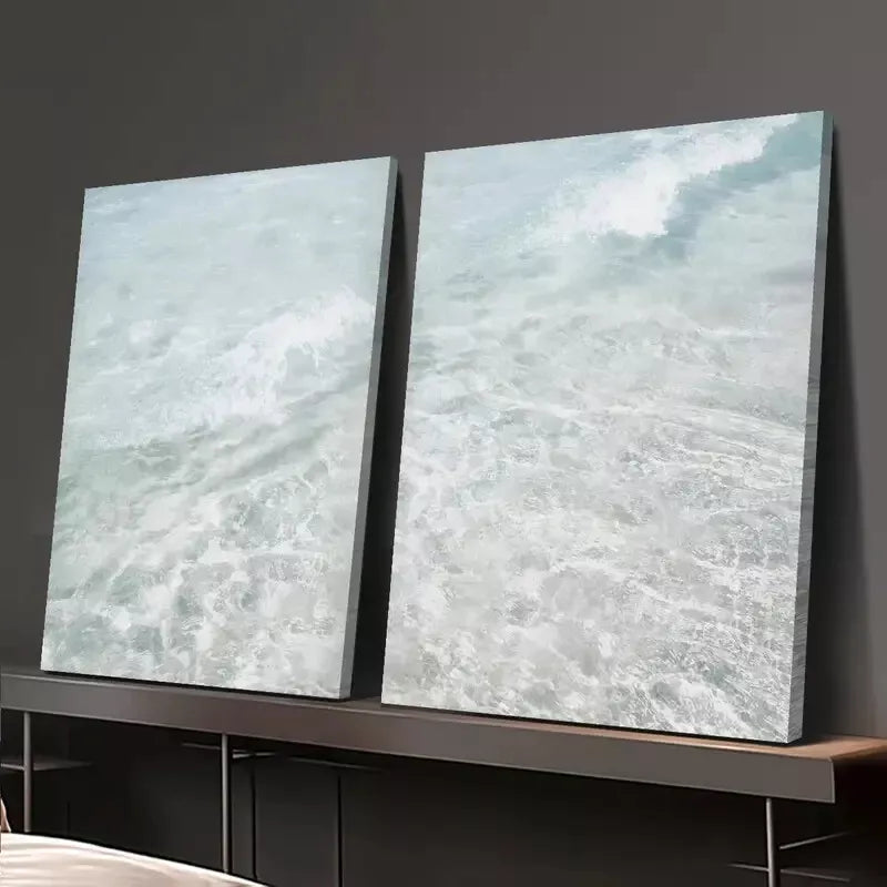 2pcs Painting, Turquoise Sea with Waves, Blue Sea Simple Style Canvas Framed 50x75cm - High Quality Print 100% Australian Made Wall Canvas Ready to Hang
