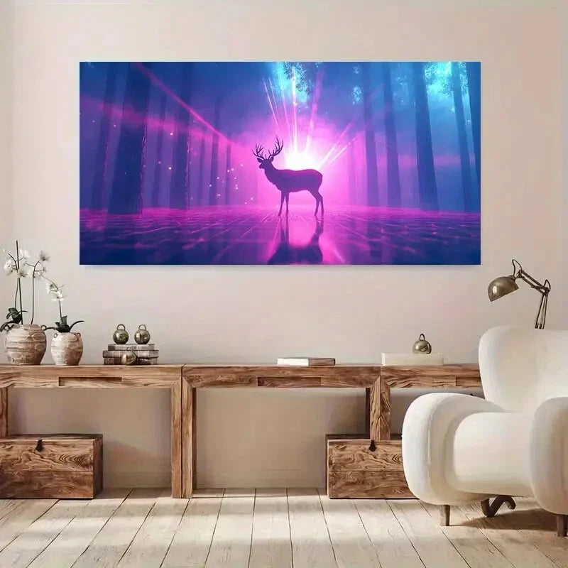 Enchanted Pink Forest Stag wall canvas office home room framed 120x60cm - Bella Home Decor