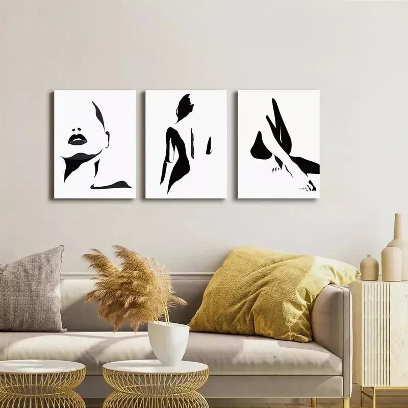 3pcs Abstract Black and White Female Figure Canvas Framed 40x60cm - High Quality Print 100% Australian Made Wall Canvas Ready to Hang