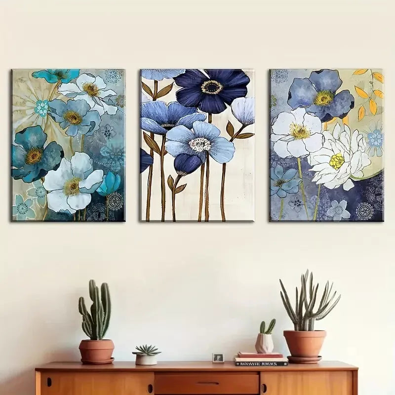 3pcs Abstract floral blue for Lotus Flowers Wall Art Set Canvas Framed 40x60cm - High Quality Print 100% Australian Made Wall Canvas Ready to Hang