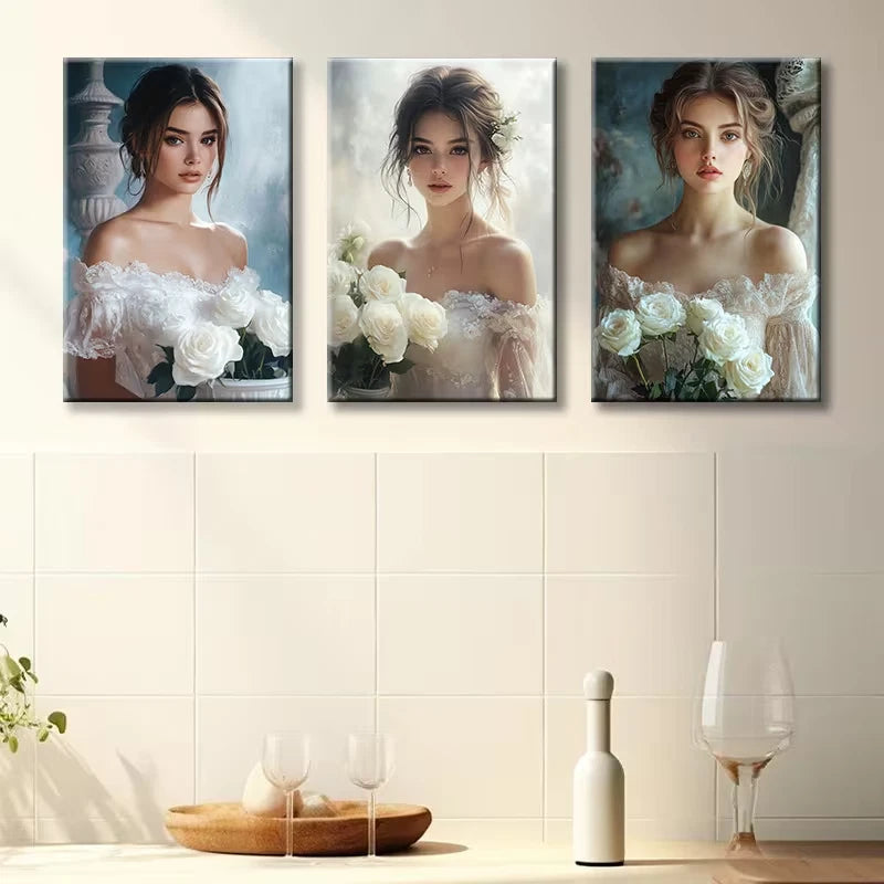 3pcs Elegant Girl with Bouquet Wall Art Set Canvas Framed 50x70cm - High Quality Print 100% Australian Made Wall Canvas Ready to Hang