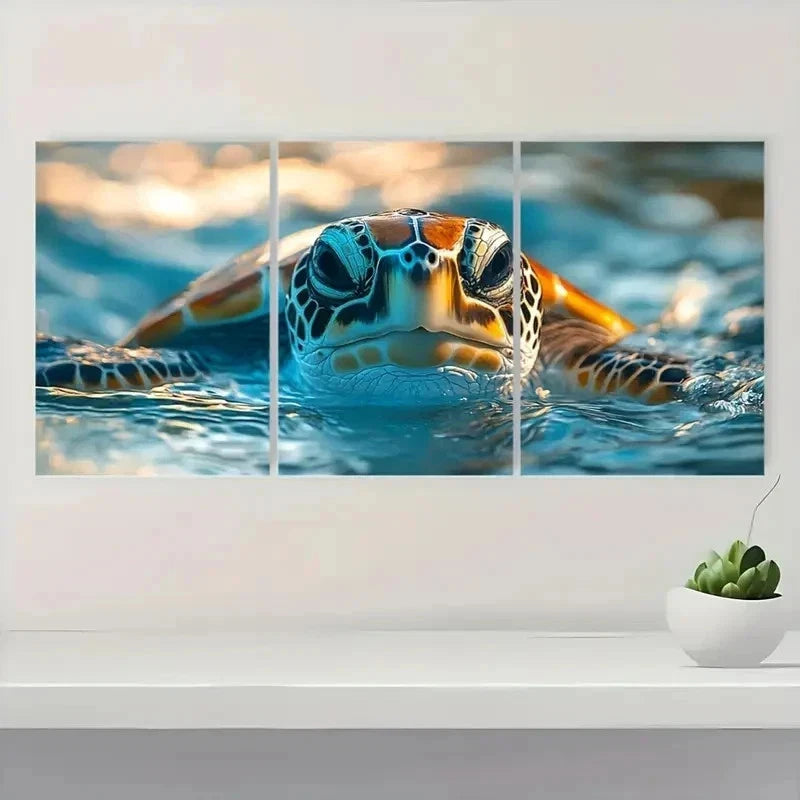 3pcs Sea Turtle Vibrant Blue Ocean Metal Print Ready to Hang Art