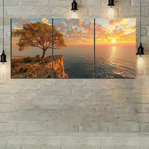 3pcs Sun Setting Over An Ocean with Trees Canvas Framed 60x90cm - High Quality Print 100% Australian Made Wall Canvas Ready to Hang