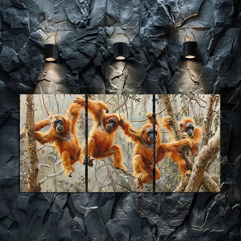 3pcs Mischievous Monkeys in The Dense Forest Metal Print Ready to Hang Art