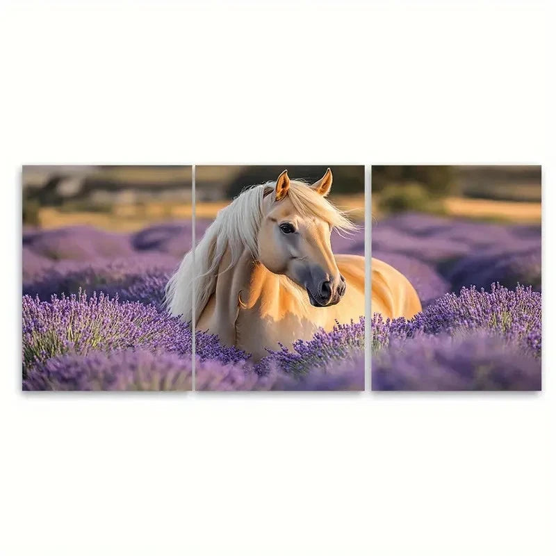 3pcs Serene Palomino Horse in Lavender Field Wall Art Set Canvas Framed 50x70cm - High Quality Print 100% Australian Made Wall Canvas Ready to Hang