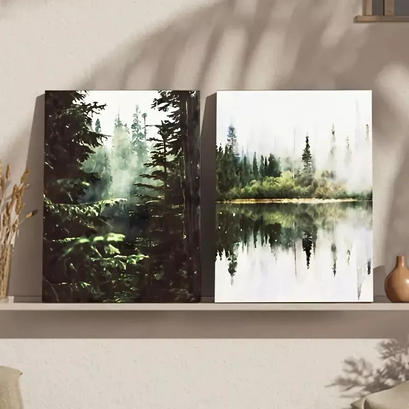2pcs Watercolor Forest Landscape with Green Foggy Trees - Framed 50x75cm - High Quality Print 100% Australian Made Wall Canvas Ready to Hang