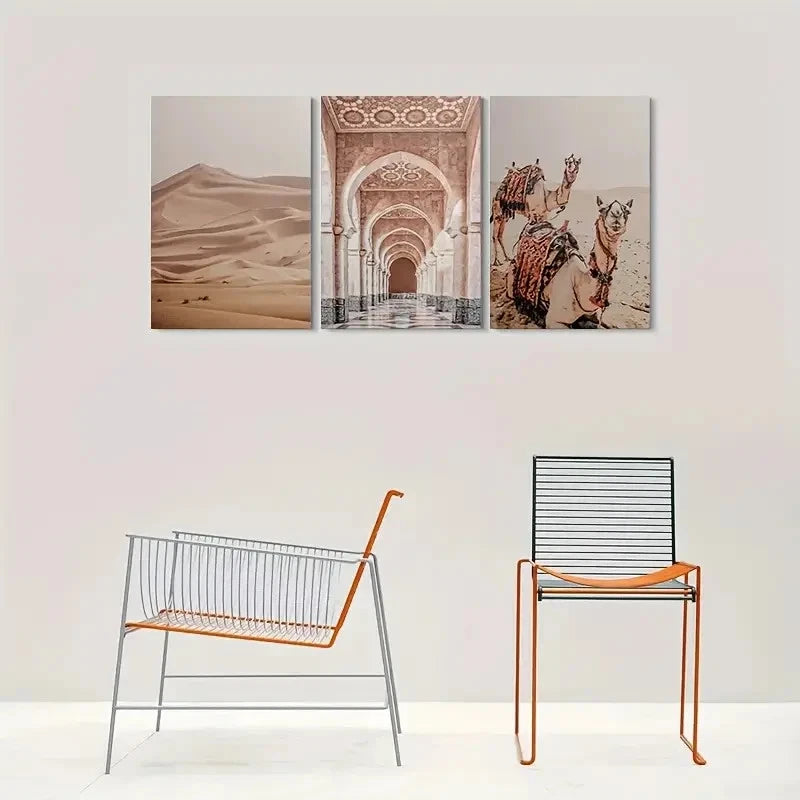 3pcs Architectural Archways & Camels Design Wall Art Set Canvas Framed 60x90cm - High Quality Print 100% Australian Made Wall Canvas Ready to Hang