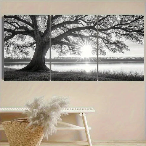 3pcs Sunrise Oak Tree Silhouette Wall Art Set Canvas Unframed - High Quality Print 100% Australian Made Wall Canvas
