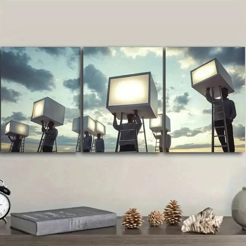 3pcs Modern Film Set Design with Lifting Lights Wall Art Set Canvas Framed 50x70cm - High Quality Print 100% Australian Made Wall Canvas Ready to Hang