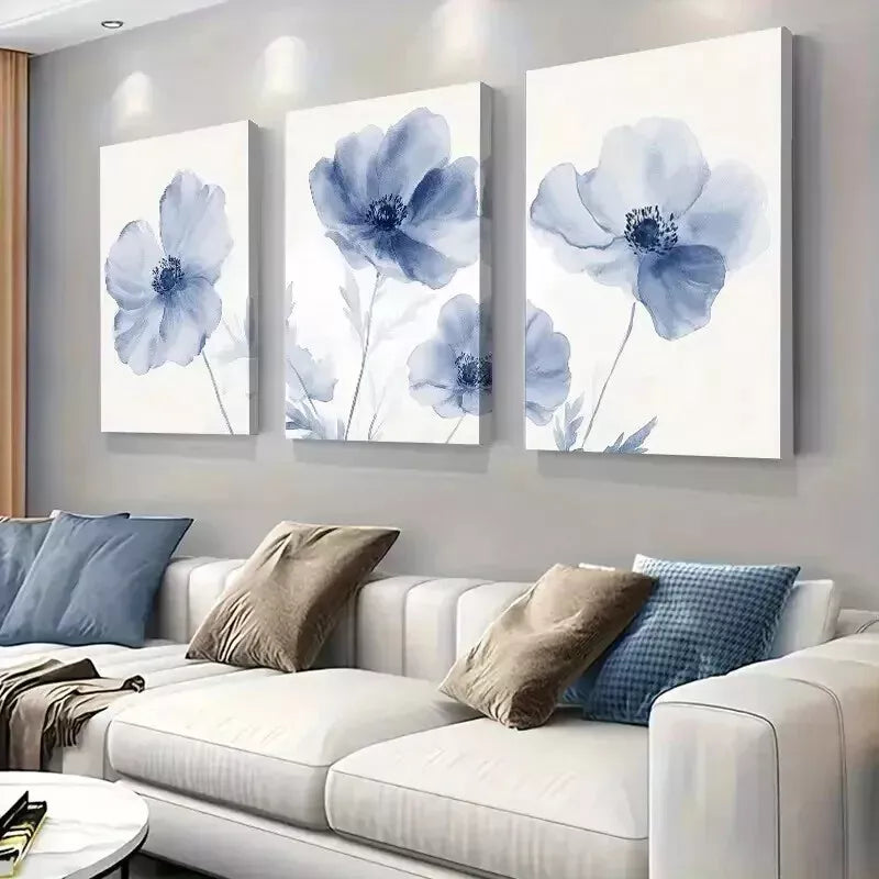 3pcs Blue Watercolor Anemone Flower Triptych Wall Art Set Canvas Framed 50x70cm - High Quality Print 100% Australian Made Wall Canvas Ready to Hang