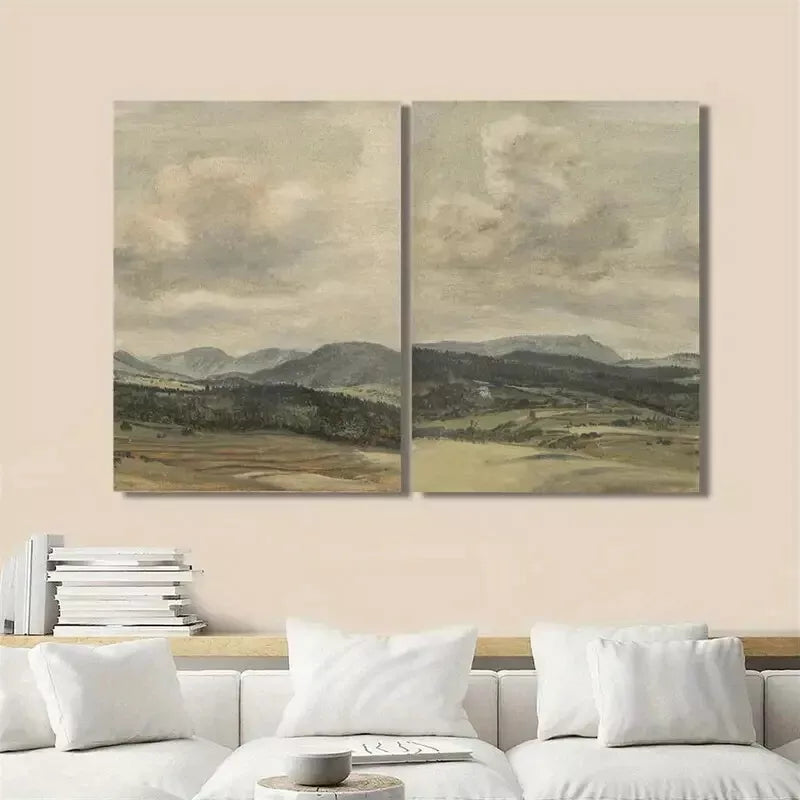 2pcs Retro Landscape Oil Painting, Rural Pastoral Canvas Framed 50x75cm - High Quality Print 100% Australian Made Wall Canvas Ready to Hang