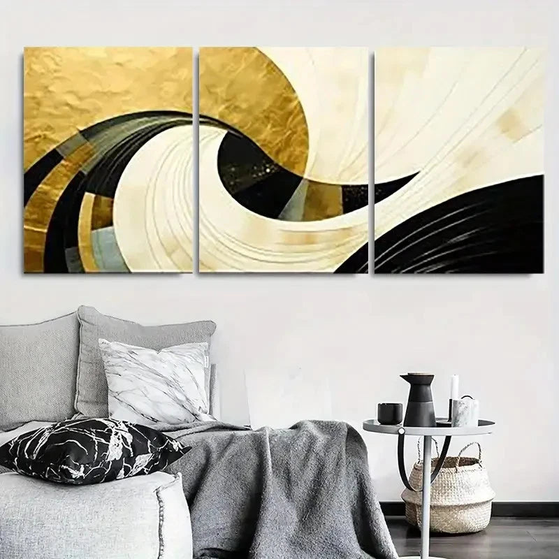 3pcs Modern Golden Black Abstract Wall Art Set Canvas Framed 60x90cm - High Quality Print 100% Australian Made Wall Canvas Ready to Hang
